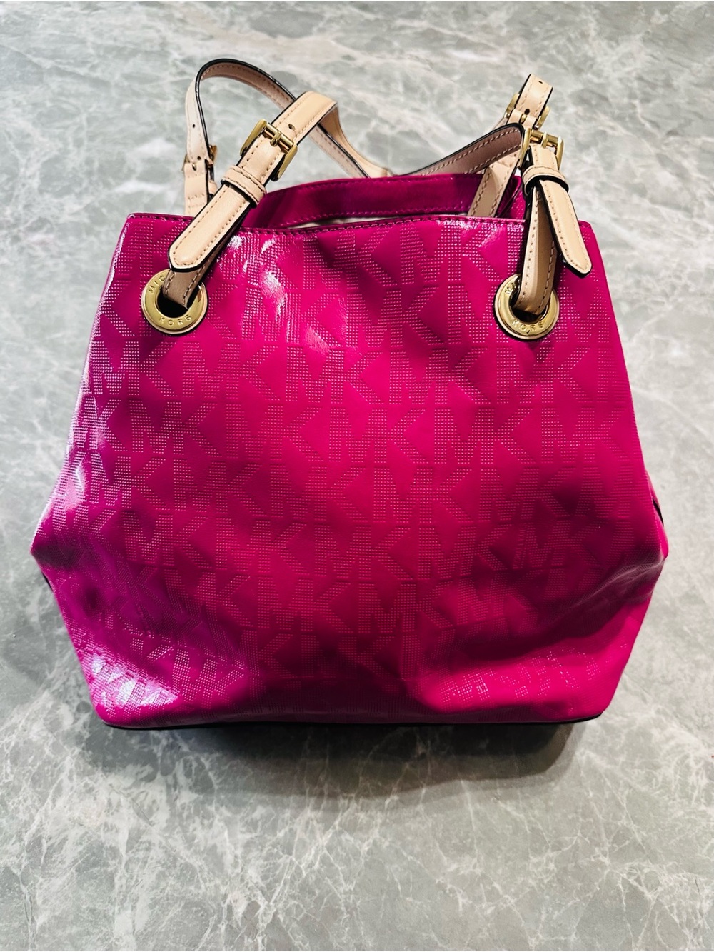 Michael Kors Hot Pink Logo-Print Shoulder Bag with Tan Straps